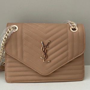 Y_sL tan handbag with gold chain strap